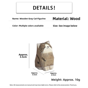 Detailed view of hand-painted grey cat wood carving with precise size measurements
