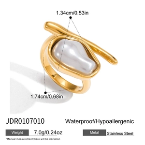 Detail view of gold stainless steel ring with dimensions and waterproof features