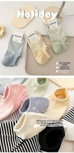 Detailed view of striped combed cotton boat socks with reinforced non-slip wide elastic cuffs