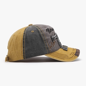 Distressed mustard yellow and grey baseball cap with New embroidery and vintage patchwork
