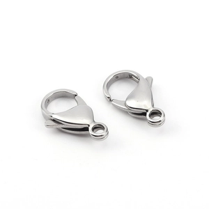 Detailed view of silver stainless steel lobster clasps with high-polished metallic finish