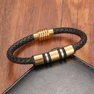 Bracelet pour homme en cuir tressé noir avec cylindres en acier bicolores et fermoir magnétique