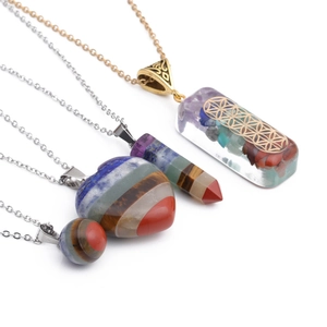 7 Chakra Healing Stone Pendant Necklace Stainless Steel Chain Flower Of Life Heart Column Colorful Jewelry Unisex
