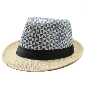 Men's summer straw jazz hat with blue geometric weave and black decorative band