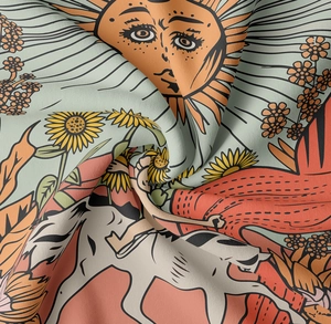 Makroaufnahme des Boho-Wandteppichs zeigt die detaillierte Textur und den Kunstdruck