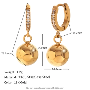 18K gold plated stainless steel ball drop earrings with micro-set zircon hoop