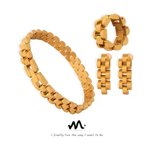 Watch Band Link Chain Jewelry Bracelet Ring And Earrings Stainless Steel Polished Fashion Accessories For Women