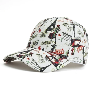 Fashionable unisex white baseball cap featuring artistic Eiffel Tower and girl prints