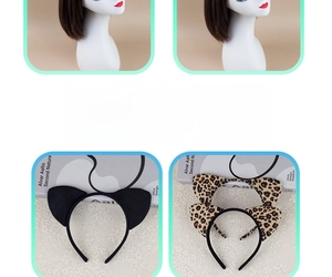 Detail of plush cat ear headbands in solid black and leopard print for Halloween cosplay