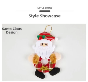 Detail of Santa Claus ornament with red plaid fabric and golden Merry Christmas text