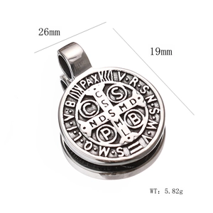 Close-up of Saint Benedict medal pendant showing 26mm height and 19mm width details