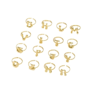 Collection of 16 alphabet gold open rings in a 3D balloon style for hip hop fashion
