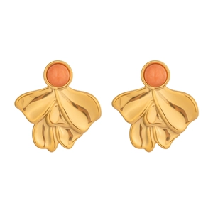 Detail of vintage French gold wrinkled petal earrings with round orange gemstone inlay
