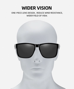 Detail of UV400 sports sunglasses with one-piece lens for wider vision and black frame