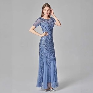 Elegant blue sequin evening gown with mesh patchwork and slim fit mermaid silhouette