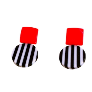 Retro resin geometric earrings with red square and black-white striped round charms