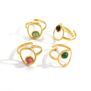 Minimalist 14K gold plated stainless steel open rings set with colorful natural stones
