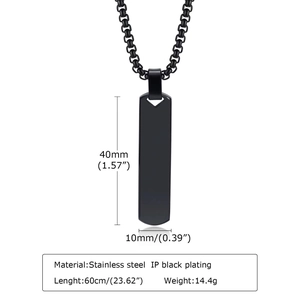 Minimalist black stainless steel rectangular pendant necklace with dimension markings