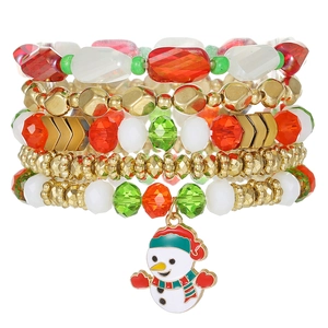 Christmas multilayer beaded bracelet set with red green crystal beads and snowman charm