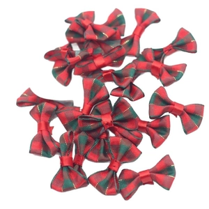 Multiple red and green plaid pet bow ties with gold thread for DIY crafts and accessories