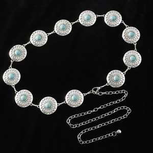 Bohemian Ethnic Silver Metal Chain Waist Belt For Women Carved Sun Flower Turquoise Stones Adjustable Body Chain Jewelry
