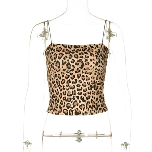 Detail view of leopard print crop top with square neckline on transparent mannequin