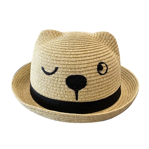 Kids breathable straw sun hat with cute 3D cat ears and black ribbon decoration