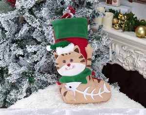 Close-up of a festive 3D cat themed Christmas stocking with thick plush cuff and hanging loop
