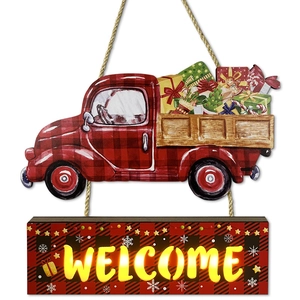 Weihnachtliches LED-Holzschild mit rotem Plaid-Truck und leuchtendem Welcome-Schriftzug