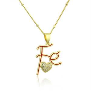 Faith Letter Fé Heart Pendant Necklace 18K Gold Plated Copper Micro Pave Zircon Enamel Beaded Satellite Chain Jewelry For Women