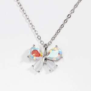 Silver chain necklace with a butterfly pendant featuring sparkling crystals and opal stones