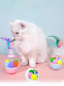 Cat tumbler toy with colorful plush balls and feathers for interactive pet play