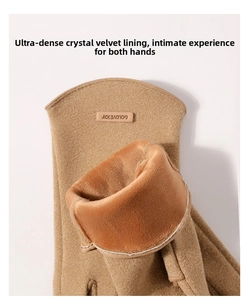 Detail of soft crystal velvet lining in khaki windproof gloves for women warmth