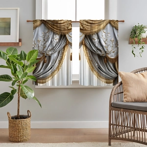 Detail of luxury grey kitchen curtains featuring gold embroidery and elegant fringe valance