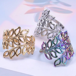 Adjustable leaf open rings in gold, silver, and rainbow colors for men and women
