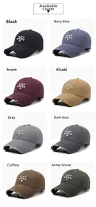 Detailed grid of distressed baseball caps in eight colors with vintage embroidery