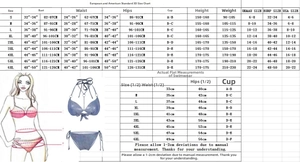 Size chart for halter bikini set with US, EU, and UK measurements from S to 6XL
