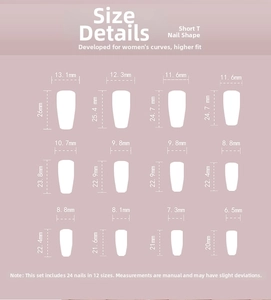 Detailed size guide for Short T shape press-on nails showing 12 different dimensions
