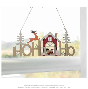 Wooden Christmas hanging decor featuring HO HO HO lettering and reindeer with rustic twine