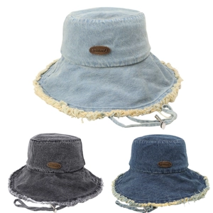 Distressed Denim Bucket Hat Frayed Edge Wide Brim Washed Cotton Sun Protection Windproof Drawstring Vintage Women