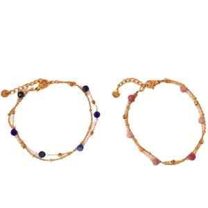 Double-layered gold stainless steel bracelet with faceted blue and pink natural stones