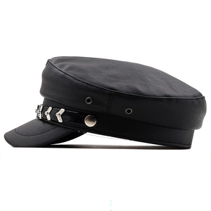 Black PU leather newsboy cap for women with silver chain and rivet details
