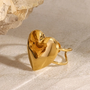 Elegant gold stainless steel ring featuring a 3D heart design and double-line band