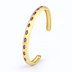 Adjustable 18k gold plated C-shaped bangle with marquise-cut pink cubic zirconia stones