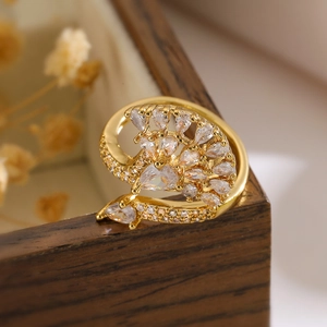 Luxury 18K gold plated copper ring with peacock zircon design and adjustable opening
