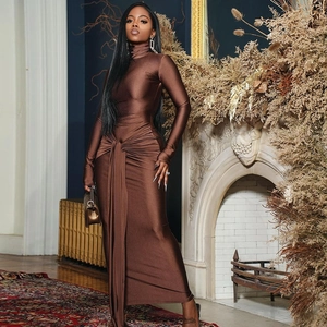 Robe Maxi À Col Montant Et Manches Longues Polyester Élasthanne Nœud À La Taille Froncé Coupe Slim Élégante Pour Femmes