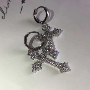 Gothic punk silver cross hoop earrings with sparkly white rhinestone inlay for women
