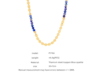 Detail view of handmade titanium steel necklace with blue apatite and golden square beads