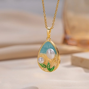 French vintage Monet style gold necklace with teardrop enamel pendant and small pearls