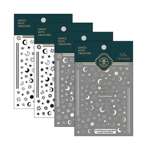 3D embossed star and moon nail art stickers set in black and silver metallic finish